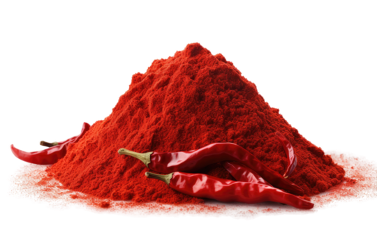 Fiery Passion: An Intimate Encounter Between Red Chili Powder and a Juicy Red Pepper on a Clear PNG or White Background.