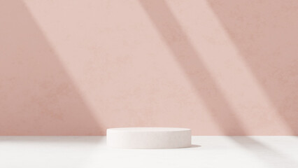 Background featuring an empty product display mockup with a pink backdrop and abstract geometric platforms designed for showcasing merchandise in landscape orientation.