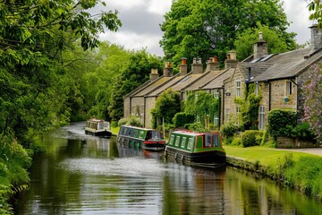 Obraz premium Narrow boats on the canal at Timworth in Yorkshire with trees and greenery, a row of picturesque stone buildings along one side of the river.
