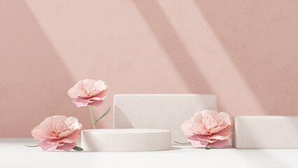 Background featuring an empty product display mockup with a pink backdrop and abstract geometric platforms designed for showcasing merchandise in landscape orientation.