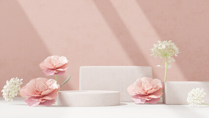 Background featuring an empty product display mockup with a pink backdrop and abstract geometric platforms designed for showcasing merchandise in landscape orientation.