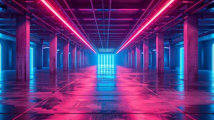 Fototapeta premium Futuristic Warehouse with Neon Lights and Reflective Floor