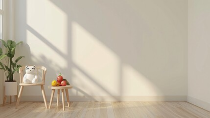 white wall background for kids room, empty space on the left side, high resolution, realistic,...