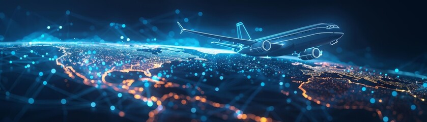 Naklejka premium Low poly wireframe airplane flying across a world map composed of glowing blue dots and lines low wireframe aeroplane fly across earth map compose glow travel concept render fi abs