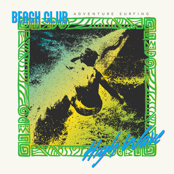 beach club high wave retro urfing graphic illustration vector art t shirt design