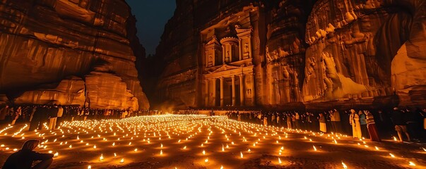 lit candles illuminate the dark blue sky above a stone building, with a window in the background