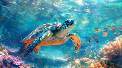Fototapeta premium Sea Turtle Gracefully Swimming Through Coral Reef