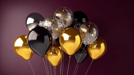 A of glossy gold, silver, and black balloons on a deep purple background, creating a luxurious and elegant party atmosphere.