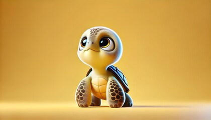 A charming illustration of a baby turtle with big, expressive eyes, standing against a warm yellow background.