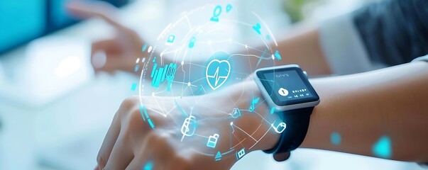 smart health devices connected to a person's hand, with a blurry hand and a white hand visible in the foreground