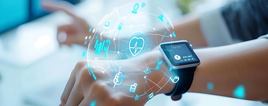 smart health devices connected to a person's hand, with a blurry hand and a white hand visible in the foreground