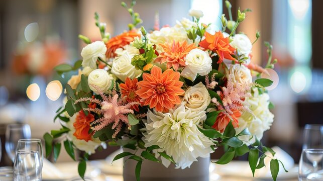 An elegant floral centerpiece with white and orange flowers, ideal for event decor or special occasions, adding a touch of sophistication.
