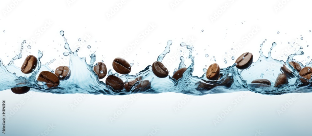 Fototapete Coffee beans roasted and arranged in a row with a blue water splash against a white background creating a dynamic image with space for text. Copy space image. Place for adding text and design