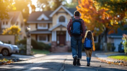 A father and daughter with backpacks walking hand in hand to school, through a sunny suburban street with autumn foliage.