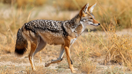 Fototapeta premium Black backed jackal walking isolated in natural background in Kgalagadi transfrontier park, South Africa ; Specie Canis mesomelas family of Canidae