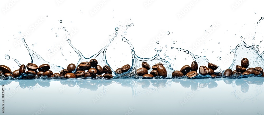 Fototapete Coffee beans roasted and arranged in a row with a blue water splash against a white background creating a dynamic image with space for text. Copy space image. Place for adding text and design