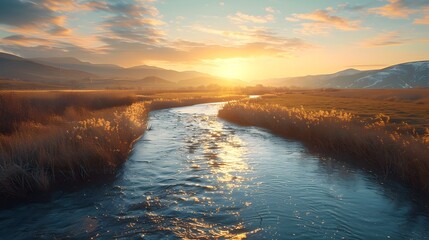 Serene River Flowing Through Idyllic Landscape at Sunrise Reflecting the Calm Energy of New Beginnings