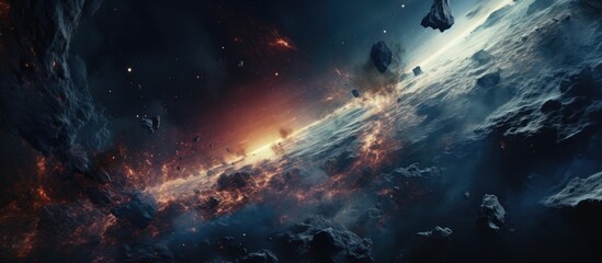 Orbiting planet showcases beauty in deep space image. Copy space image. Place for adding text and design