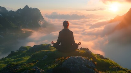 Fototapeta premium Meditating on a Misty Mountain Peak at Dawn Embracing New Beginnings and Renewed Energy