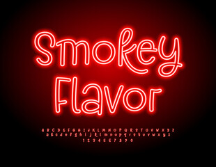 Obraz premium Vector neon advertisement Smokey Flavor. Glowing Red Font. Electric Alphabet Letters and Numbers set.