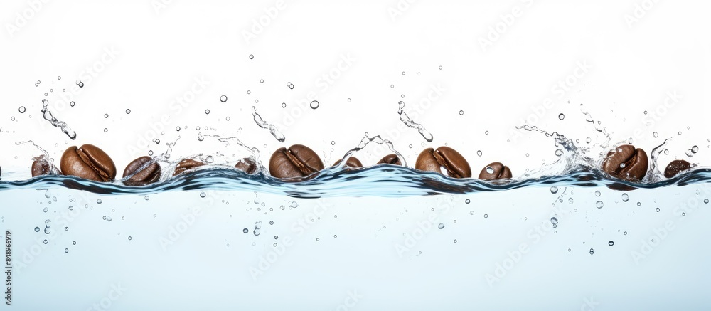 Fototapete Coffee beans roasted and arranged in a row with a blue water splash against a white background creating a dynamic image with space for text. Copy space image. Place for adding text and design