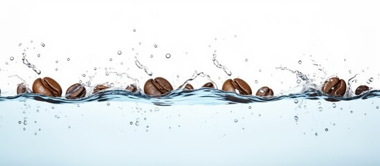 Coffee beans roasted and arranged in a row with a blue water splash against a white background creating a dynamic image with space for text. Copy space image. Place for adding text and design