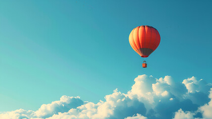 Fototapeta premium Red and white hot air balloons on the background of bright blue cloudy sky,on top of the balloons, inflate and float in the air,Beautiful balloon in the sky at sunset 