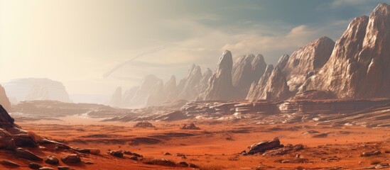 Obraz premium Red arid Mars with rocky features ideal for space exploration and sci fi settings offering a backdrop for a copy space image
