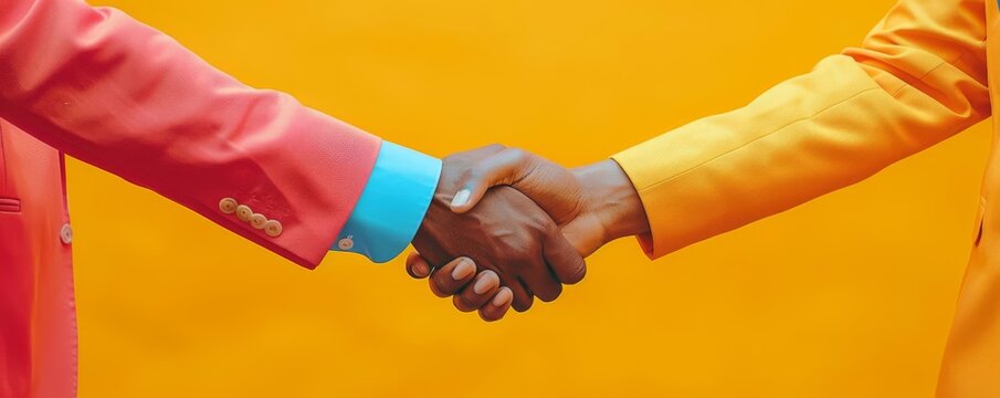 Firm handshake between two people in brightly colored suits, representing unity and modern business deals