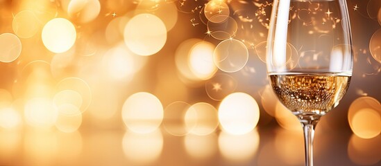 Clear water bubbles in a wine glass with a holiday light background ideal for a holiday postcard with copy space image