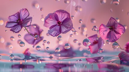 pink flowers in levitation with water drop
