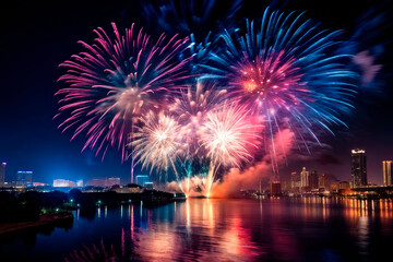 Fototapeta premium Festive fireworks exploding over bustling cityscape during 4th of July celebration Independence Day