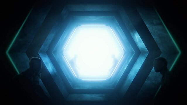 A dark Sci-Fi style hexagonal chamber of stone extrusions lit and edged with neon strip lights. Featuring humanoid clones and a large contained screaming artificial intelligent head.
