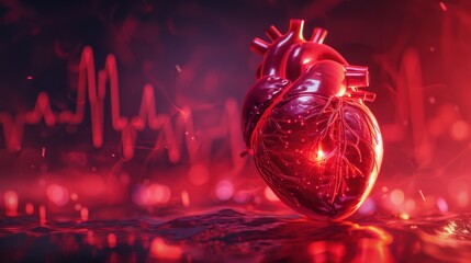 A heart is shown in a red background with a red line that looks like an EKG