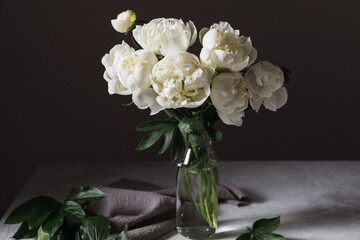Elegant white peony flowers in vase still life. A luxurious bouquet of full white peonies in a transparent glass vase, with blossoms and leaves on a textured tabletop, against a dark backdrop.