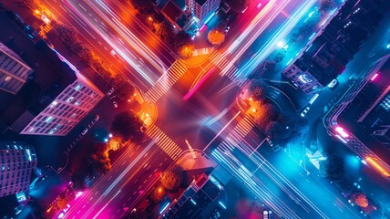 Obraz premium Neon Crossroads: Aerial View of City Intersection