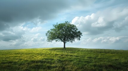 Fototapeta premium Single tree standing proudly on a grassy meadow with cloudy skies, peaceful and contemplative scene
