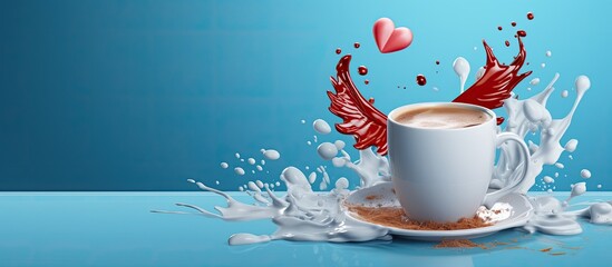 Valentine s Day poster featuring a craft cup filled with latte coffee pierced by Cupid s arrow creating splashes on the paper set against a blue backdrop with flying feathers ideal for copy space imag
