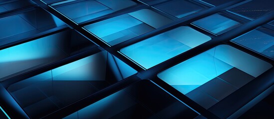Abstract close up photo of digitally edited architecture piece Modern style with geometric pattern in twilight s black and blue hues featuring a copy space image