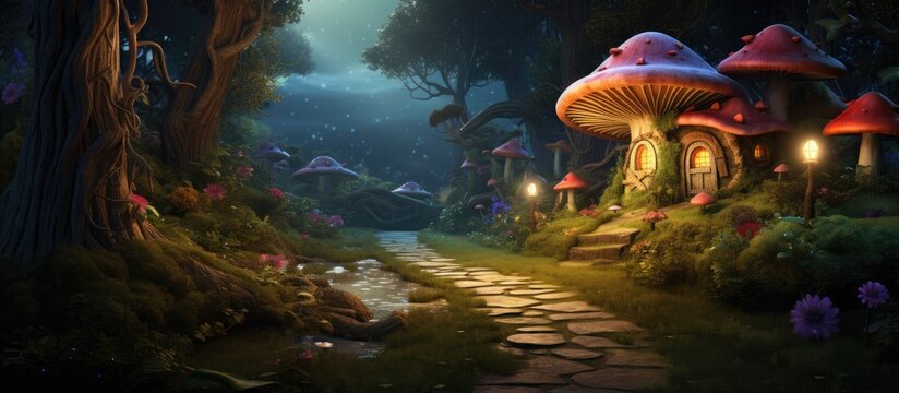 Enchanting forest path with whimsical elements like wild animals a tiny mushroom house and mist creating a fairy tale ambiance suitable as a background copy space image