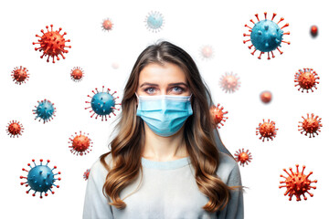 beautiful girl wearing a mask standing among  virus in air isolated on gray background