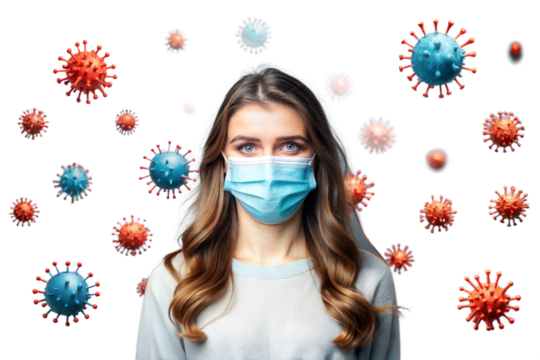 beautiful girl wearing a mask standing among  virus in air isolated on gray background