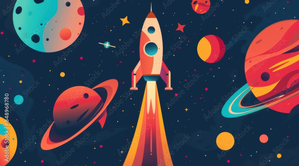 Wall mural a colorful space scene drawing with a rocket flying through it. the rocket is the main focus of the 