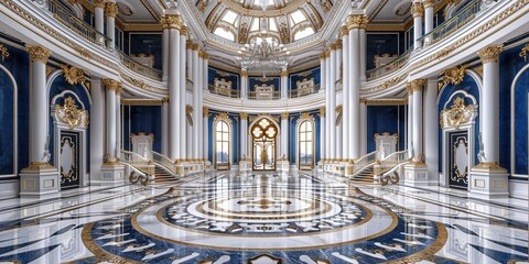 Obraz premium Grand Hallway with Blue and Gold Decor