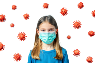 beautiful girl wearing a mask standing among  virus in air isolated on gray background