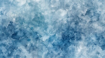 Obraz premium A blue and white watercolor painting of a sky with clouds. The painting has a calming and serene mood, with the blue and white colors blending together to create a peaceful atmosphere