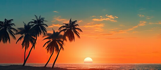 Sunset beach scene with coconut palm tree silhouettes in vintage style providing a tranquil backdrop for your copy space image