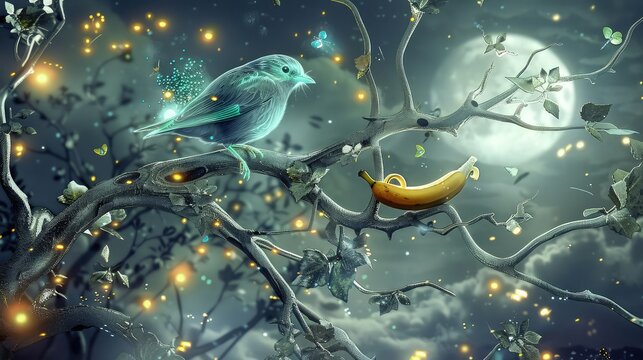A captivating scene under a moonlit sky where a glowing blue bird perches on the mystical branches of a silver tree, a banana in its grasp, surrounded by softly glowing fireflies.