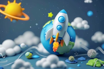 3d cartoon game icon; Earth seen from the space; rocket, sun, Saturn, Moon, education, junior school style