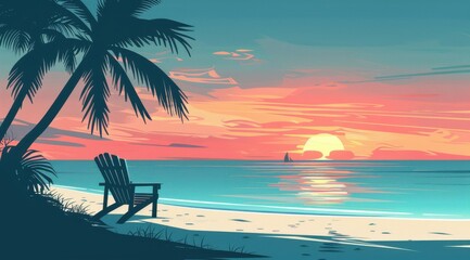Obraz premium A beach scene with a chair and a boat in the water. The sun is setting, creating a warm and peaceful atmosphere